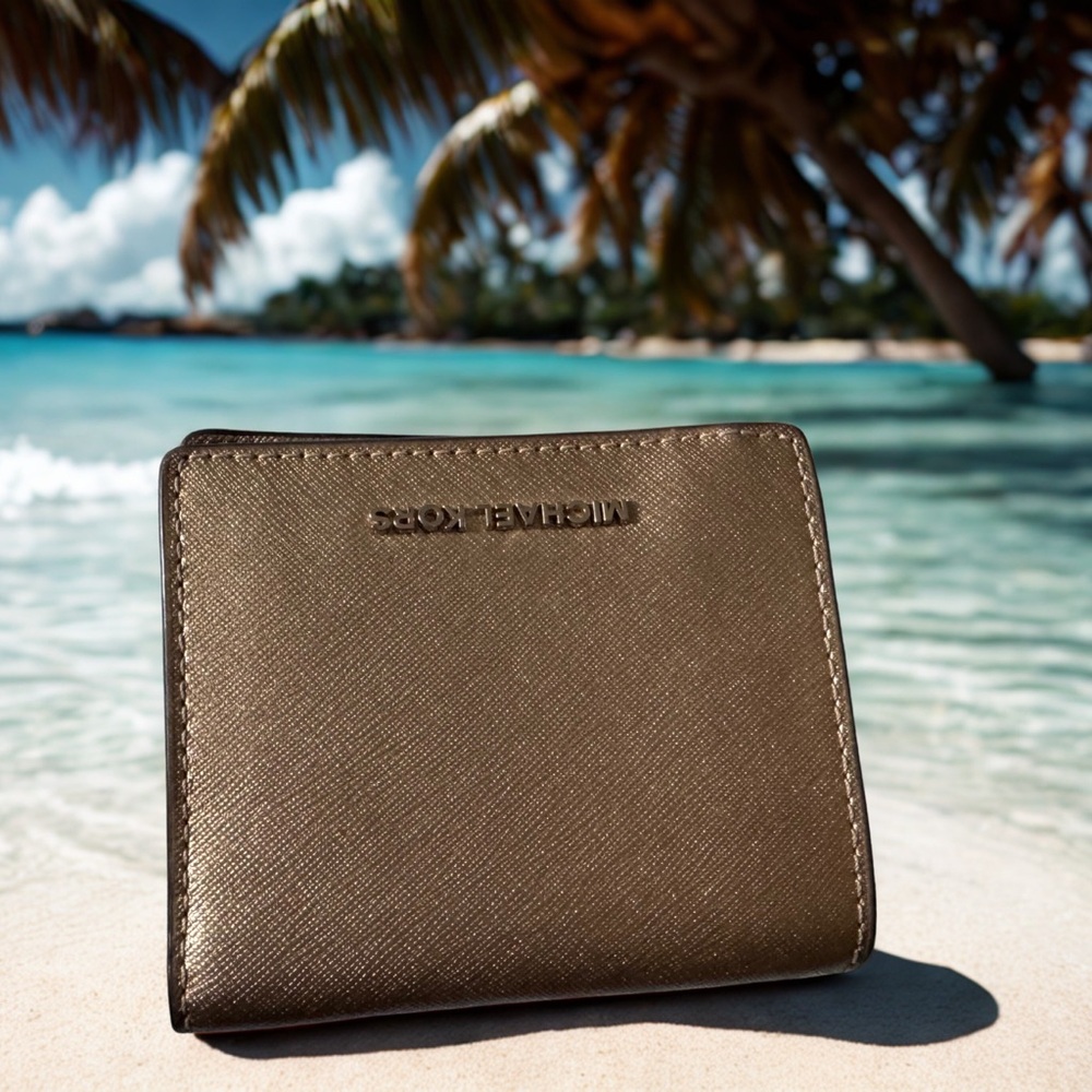 Michael Kors Gold Leather Wallet | Compact Card Holder | Metallic Finish